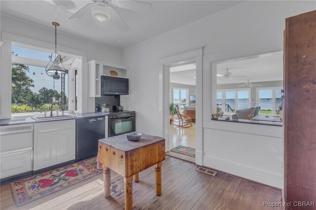 159 Fleeton Point Cir, Reedville, VA 22539 - kitchen with a ceiling fan, black appliances, light wood finished floors, a sink, and plenty of natural light