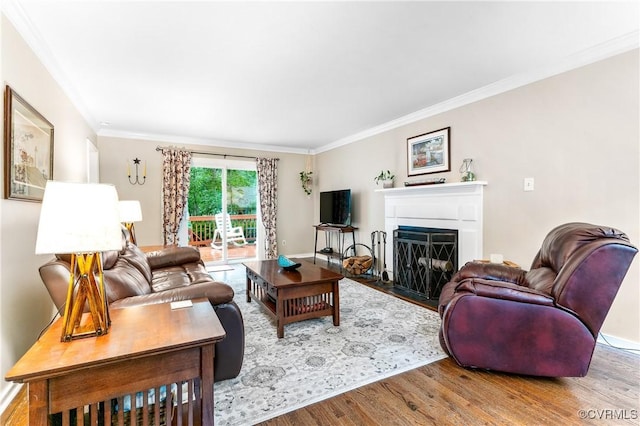 13710 Arrowood Ct, Midlothian, VA 23112 - living room with wood finished floors, ornamental molding, and a fireplace with flush hearth