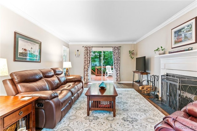 13710 Arrowood Ct, Midlothian, VA 23112 - living room with wood finished floors, ornamental molding, a fireplace with flush hearth, and baseboards