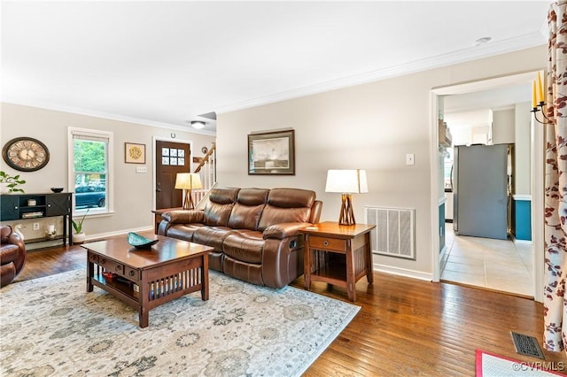 13710 Arrowood Ct, Midlothian, VA 23112 - living room featuring ornamental molding, wood finished floors, and baseboards