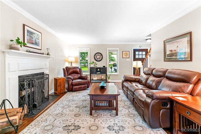 13710 Arrowood Ct, Midlothian, VA 23112 - living area featuring wood finished floors, ornamental molding, a fireplace, stairs, and baseboards