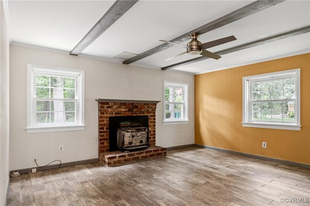 11911 Kilrenny Rd, Midlothian, VA 23113 - unfurnished living room with crown molding, wood finished floors, ceiling fan, baseboards, and beamed ceiling