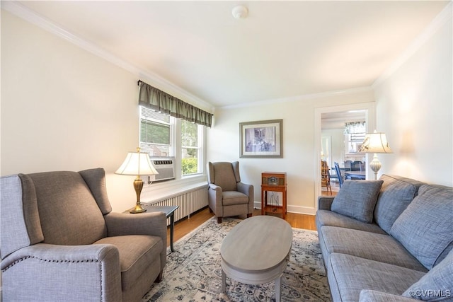 3513 Patrick Ave, Richmond, VA 23222 - living area featuring radiator, crown molding, wood finished floors, baseboards, and cooling unit