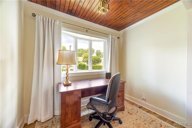 3513 Patrick Ave, Richmond, VA 23222 - office space with baseboards, crown molding, wooden ceiling, and light wood-style floors