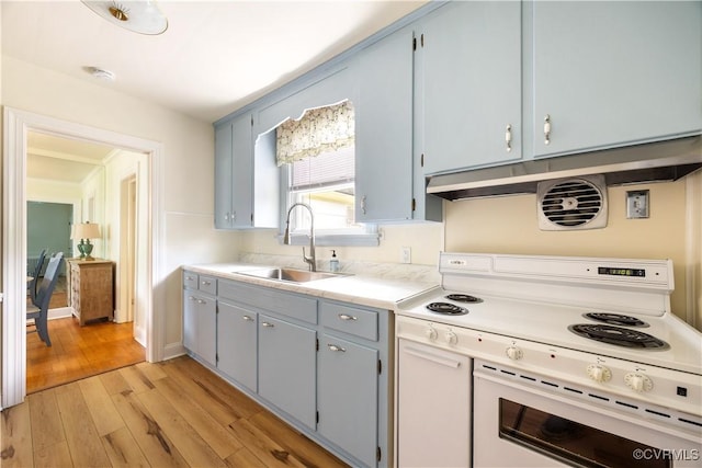 3513 Patrick Ave, Richmond, VA 23222 - kitchen with white electric range oven, a sink, light wood-style flooring, and light countertops
