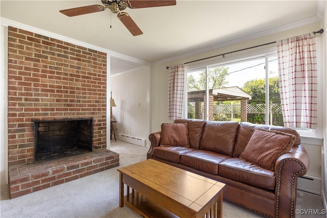 3513 Patrick Ave, Richmond, VA 23222 - living room with baseboard heating, crown molding, a ceiling fan, light carpet, and a brick fireplace