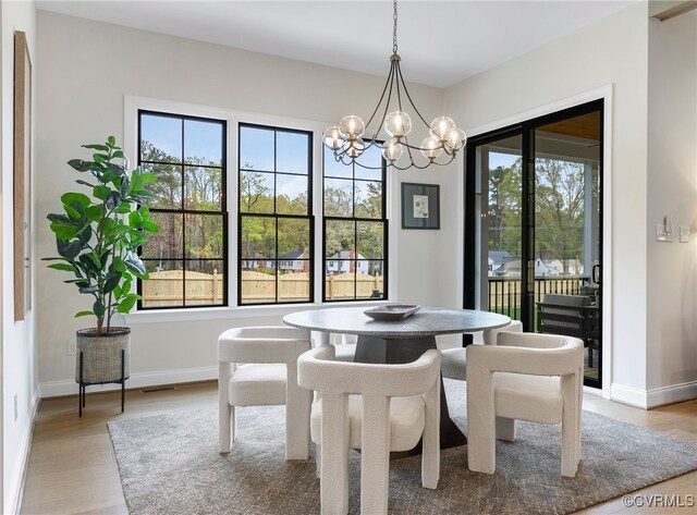 8900 Burkhart Dr, Henrico, VA 23229 - dining space with light wood-style floors, a chandelier, and baseboards