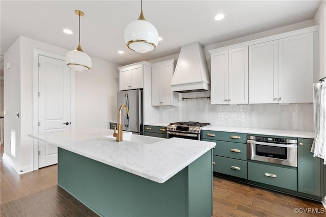 1702 Old Brick Rd Unit B, Glen Allen, VA 23060 - kitchen featuring green cabinetry, custom exhaust hood, appliances with stainless steel finishes, white cabinetry, and recessed lighting