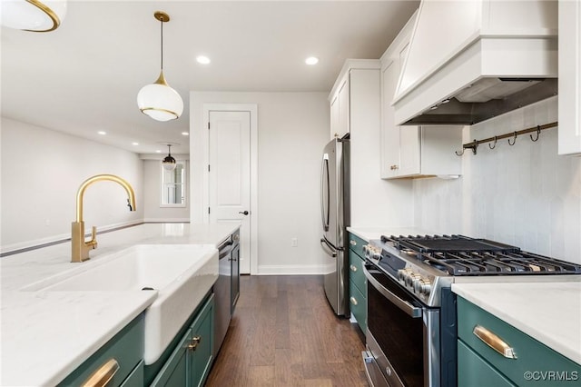 1702 Old Brick Rd Unit B, Glen Allen, VA 23060 - kitchen featuring stainless steel appliances, green cabinets, custom range hood, white cabinets, and dark wood-style flooring