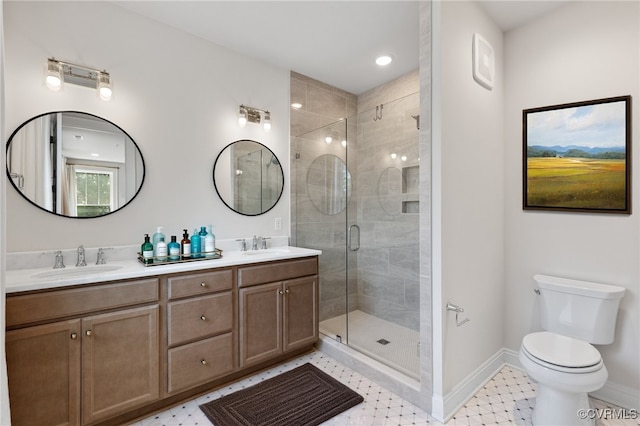 1702 Old Brick Rd Unit B, Glen Allen, VA 23060 - full bathroom featuring baseboards, double vanity, a stall shower, toilet, and recessed lighting