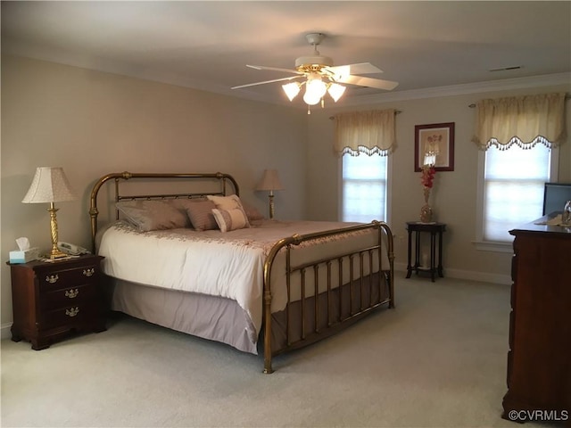 2401 Bell Tower Pl, Henrico, VA 23233 - bedroom featuring light carpet, ornamental molding, ceiling fan, and baseboards