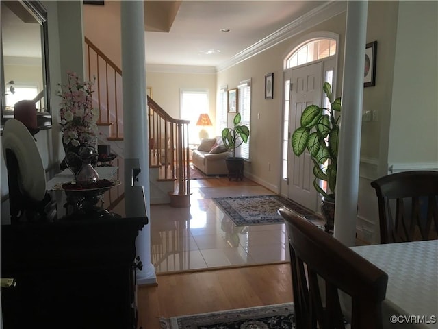 2401 Bell Tower Pl, Henrico, VA 23233 - foyer with stairway, ornamental molding, and wood finished floors