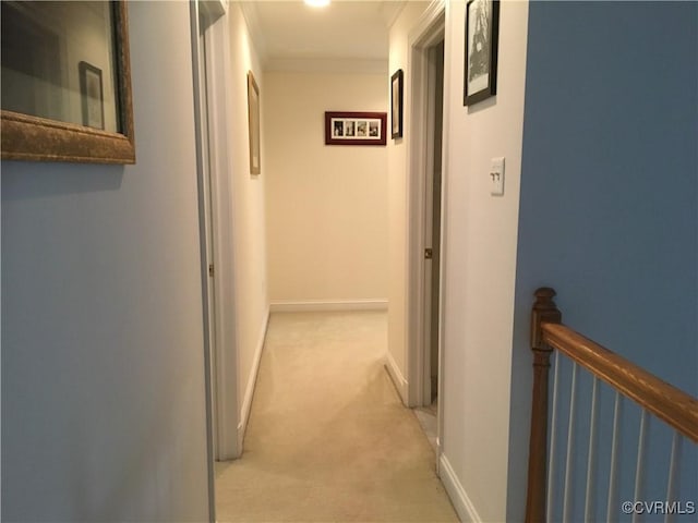2401 Bell Tower Pl, Henrico, VA 23233 - hallway featuring light carpet, crown molding, an upstairs landing, and baseboards