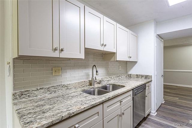 1500 Largo Rd Unit 201, Henrico, VA 23238 - kitchen with stainless steel dishwasher, a sink, wood finished floors, white cabinetry, and tasteful backsplash