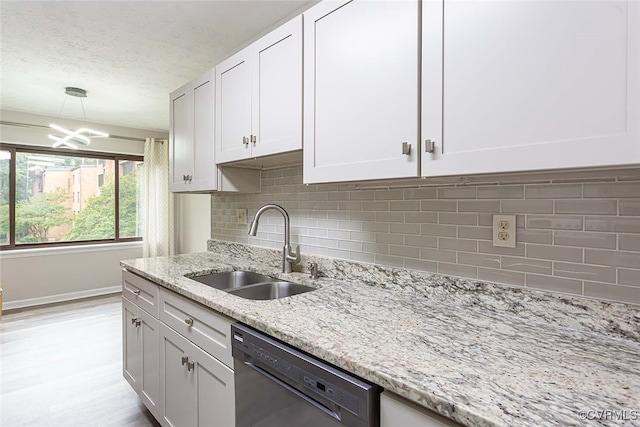 1500 Largo Rd Unit 201, Henrico, VA 23238 - kitchen featuring a sink, black dishwasher, backsplash, light stone counters, and a textured ceiling
