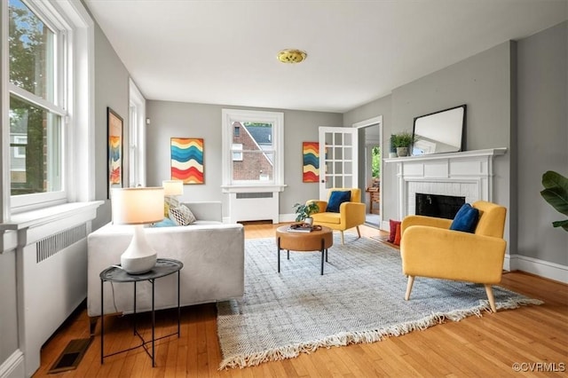 3204 Griffin Ave, Richmond, VA 23222 - living area featuring wood finished floors, a brick fireplace, radiator heating unit, and baseboards