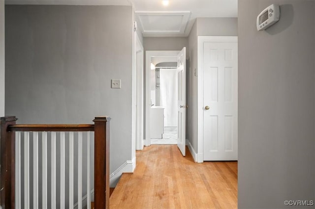 3204 Griffin Ave, Richmond, VA 23222 - corridor featuring an upstairs landing, attic access, light wood finished floors, and baseboards