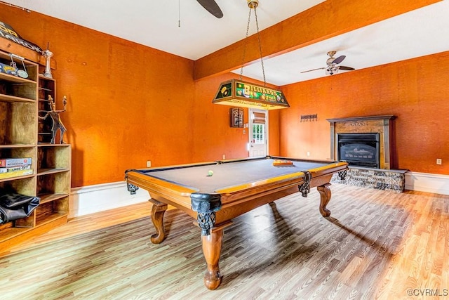 9214 Hunters Chase Dr, Mechanicsville, VA 23116 - game room featuring ceiling fan, wood finished floors, billiards, beamed ceiling, and a glass covered fireplace