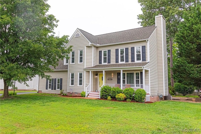 9214 Hunters Chase Dr, Mechanicsville, VA 23116 - view of front of home featuring a porch, a chimney, a front yard, and a shingled roof