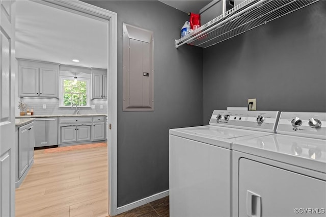 3724 Liberty Point Dr, Midlothian, VA 23112 - laundry area featuring electric panel, washing machine and clothes dryer, light wood-style flooring, and baseboards