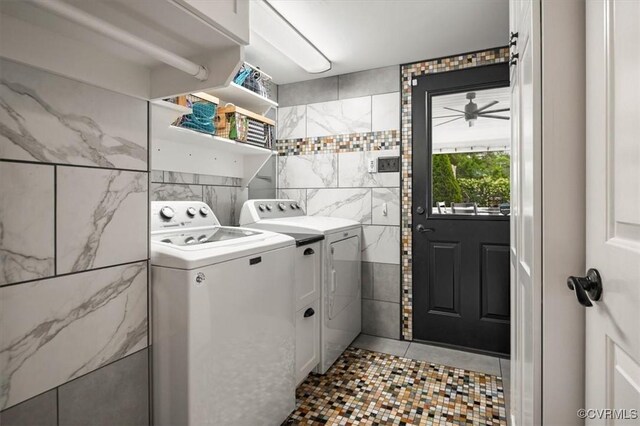 1146 Wicker Dr, Colonial Heights, VA 23834 - washroom featuring tile walls, washing machine and clothes dryer, ceiling fan, and light tile patterned flooring