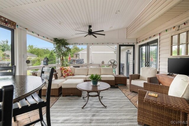 1146 Wicker Dr, Colonial Heights, VA 23834 - sunroom featuring an outdoor living space, a ceiling fan, a wooden deck, lofted ceiling, and wood ceiling