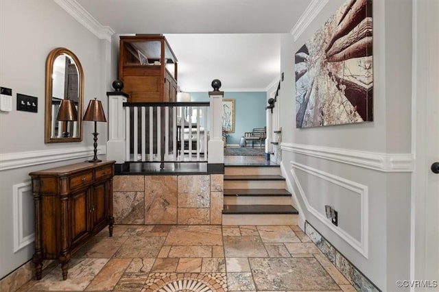 1146 Wicker Dr, Colonial Heights, VA 23834 - staircase with ornamental molding, stone tile floors, and wainscoting