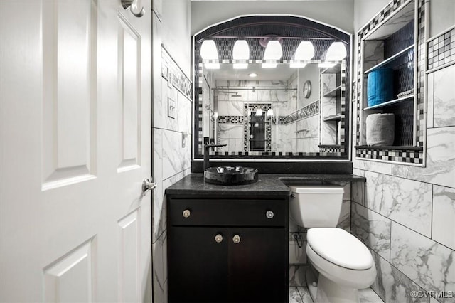 1146 Wicker Dr, Colonial Heights, VA 23834 - bathroom featuring toilet, vanity, a stall shower, tile walls, and marble finish flooring