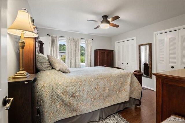 1146 Wicker Dr, Colonial Heights, VA 23834 - bedroom with dark wood-type flooring, two closets, a ceiling fan, and baseboards