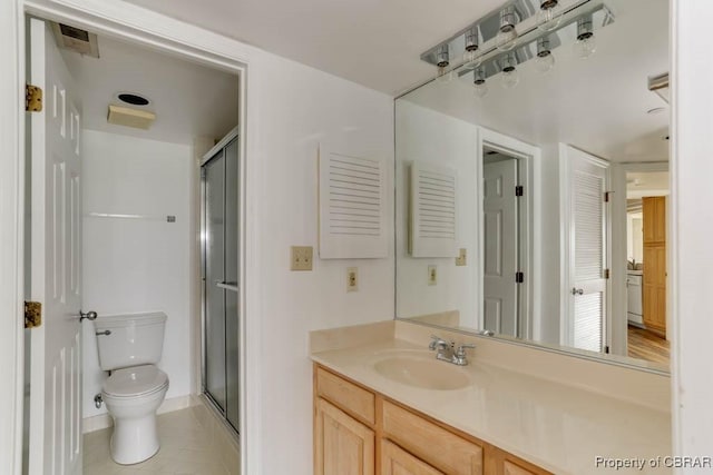 7505 River Rd Unit 4D, Newport News, VA 23607 - bathroom with toilet, vanity, a stall shower, and tile patterned floors