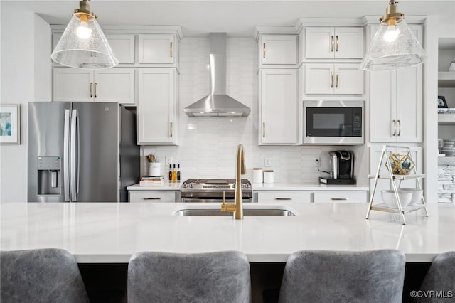 5427 Gillies Creek Mews, Henrico, VA 23231 - kitchen featuring stainless steel fridge with ice dispenser, built in microwave, wall chimney range hood, light countertops, and tasteful backsplash