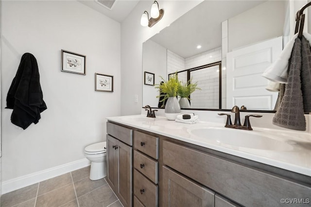 5427 Gillies Creek Mews, Henrico, VA 23231 - full bathroom featuring double vanity, baseboards, a stall shower, toilet, and tile patterned flooring