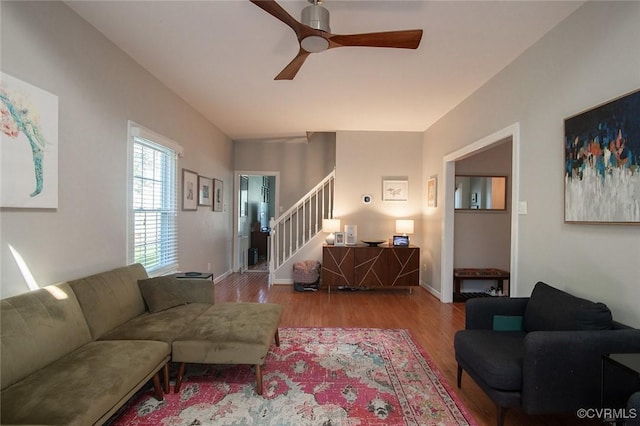 9604 Weston Ln, Henrico, VA 23238 - living room featuring stairway, wood finished floors, a ceiling fan, and baseboards