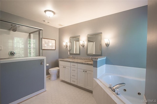 9604 Weston Ln, Henrico, VA 23238 - full bathroom featuring a tub with jets, double vanity, tiled shower, toilet, and tile patterned flooring