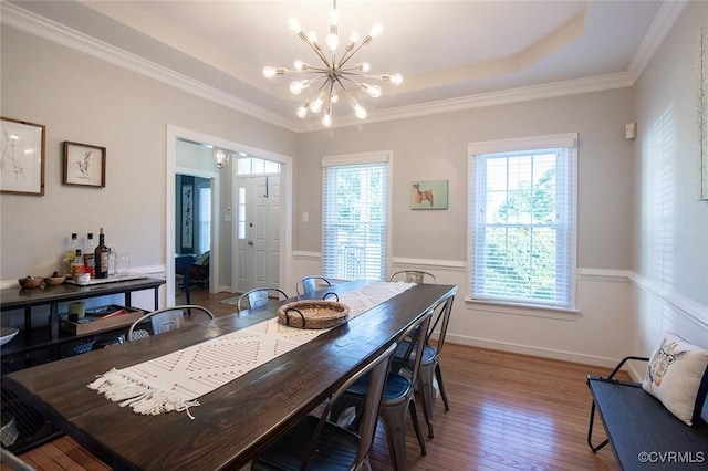 9604 Weston Ln, Henrico, VA 23238 - dining room featuring a chandelier, wood finished floors, wainscoting, and crown molding