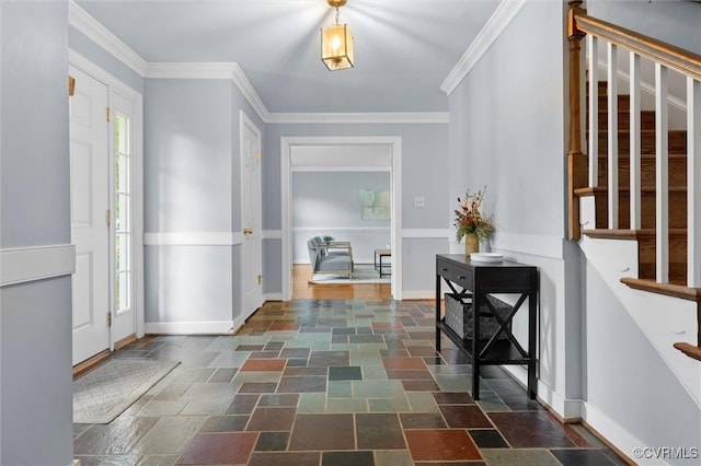 9140 Robin Ridge Dr, Hanover, VA 23116 - entryway featuring stairway, stone tile flooring, baseboards, and ornamental molding
