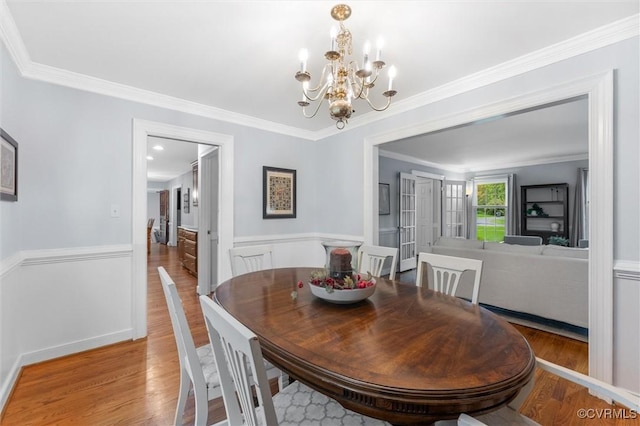 9140 Robin Ridge Dr, Hanover, VA 23116 - dining area featuring a wainscoted wall, a chandelier, wood finished floors, and crown molding