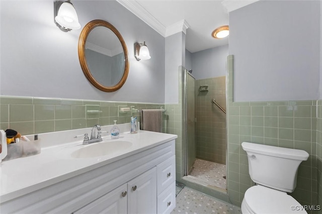 9140 Robin Ridge Dr, Hanover, VA 23116 - full bath featuring tile walls, vanity, toilet, a stall shower, and ornamental molding