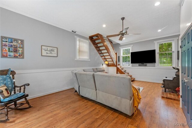 9140 Robin Ridge Dr, Hanover, VA 23116 - living area featuring wood finished floors, stairs, ornamental molding, a ceiling fan, and recessed lighting