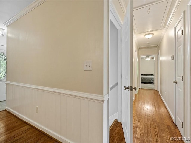13610 Old Stage Rd, North Prince George, VA 23860 - corridor featuring ornamental molding, wood finished floors, and attic access