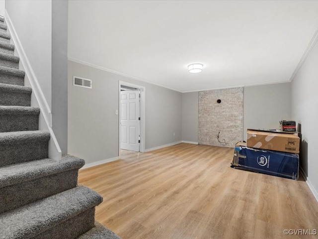 13610 Old Stage Rd, North Prince George, VA 23860 - living room with stairway, crown molding, wood finished floors, and baseboards