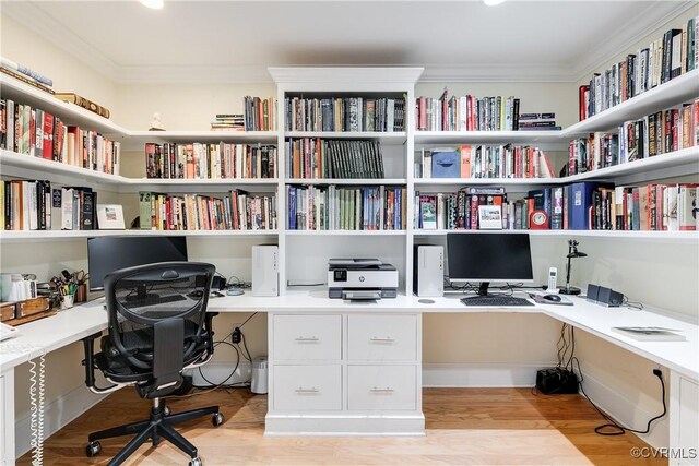 1350 Westwood Ave Unit 406, Richmond, VA 23227 - home office with built in desk, crown molding, and light wood finished floors