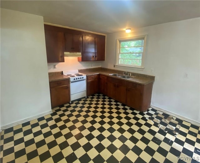 205 N Beech Ave, Henrico, VA 23075 - kitchen featuring white electric range oven, under cabinet range hood, light floors, a sink, and dark countertops