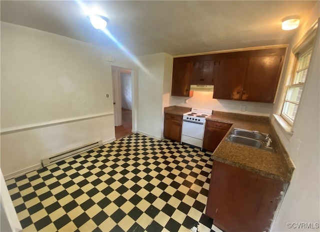 205 N Beech Ave, Henrico, VA 23075 - kitchen featuring white electric range, a baseboard radiator, a sink, dark floors, and under cabinet range hood