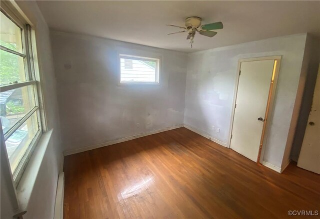 205 N Beech Ave, Henrico, VA 23075 - empty room with wood finished floors, a baseboard radiator, baseboards, and a ceiling fan