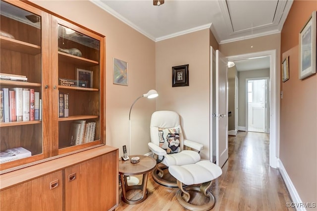 3429 Hanover Ave, Richmond, VA 23221 - living area featuring attic access, wood finished floors, ornamental molding, and baseboards