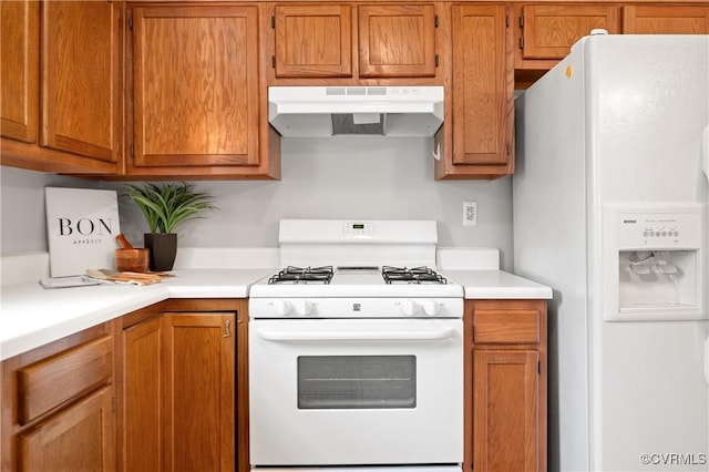 1117 Lees Crossing Ct, Glen Allen, VA 23059 - kitchen with white appliances, under cabinet range hood, light countertops, and brown cabinetry