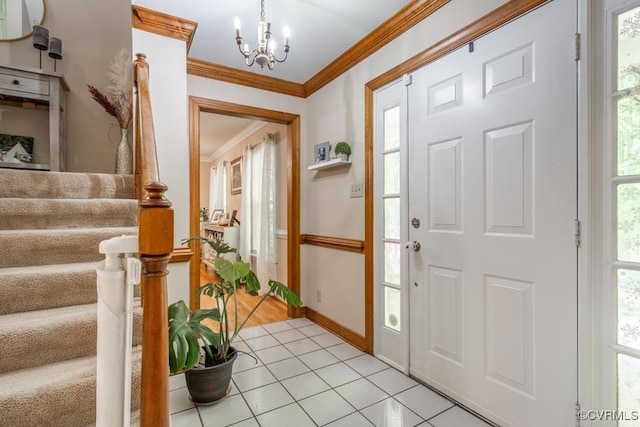 12601 W Patrick Henry Rd, Ashland, VA 23005 - foyer entrance featuring ornamental molding, a chandelier, stairs, light tile patterned flooring, and plenty of natural light