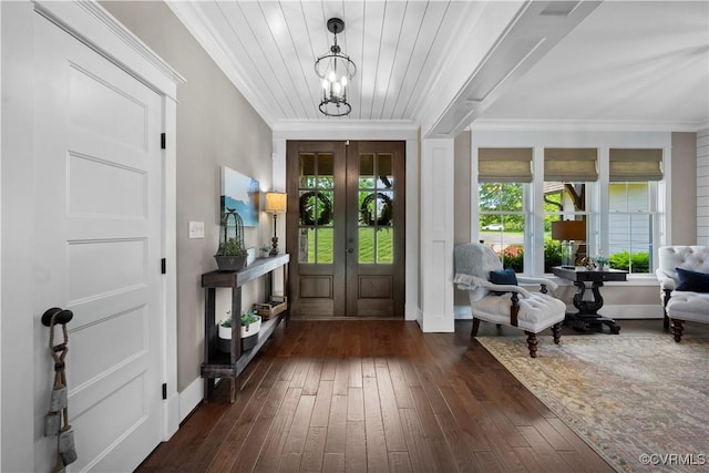 3397 Manor Oaks Dr, Powhatan, VA 23139 - entrance foyer with ornamental molding, dark wood-style floors, a chandelier, and french doors