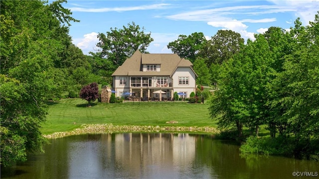 3397 Manor Oaks Dr, Powhatan, VA 23139 - back of property with a water view, a yard, and stucco siding